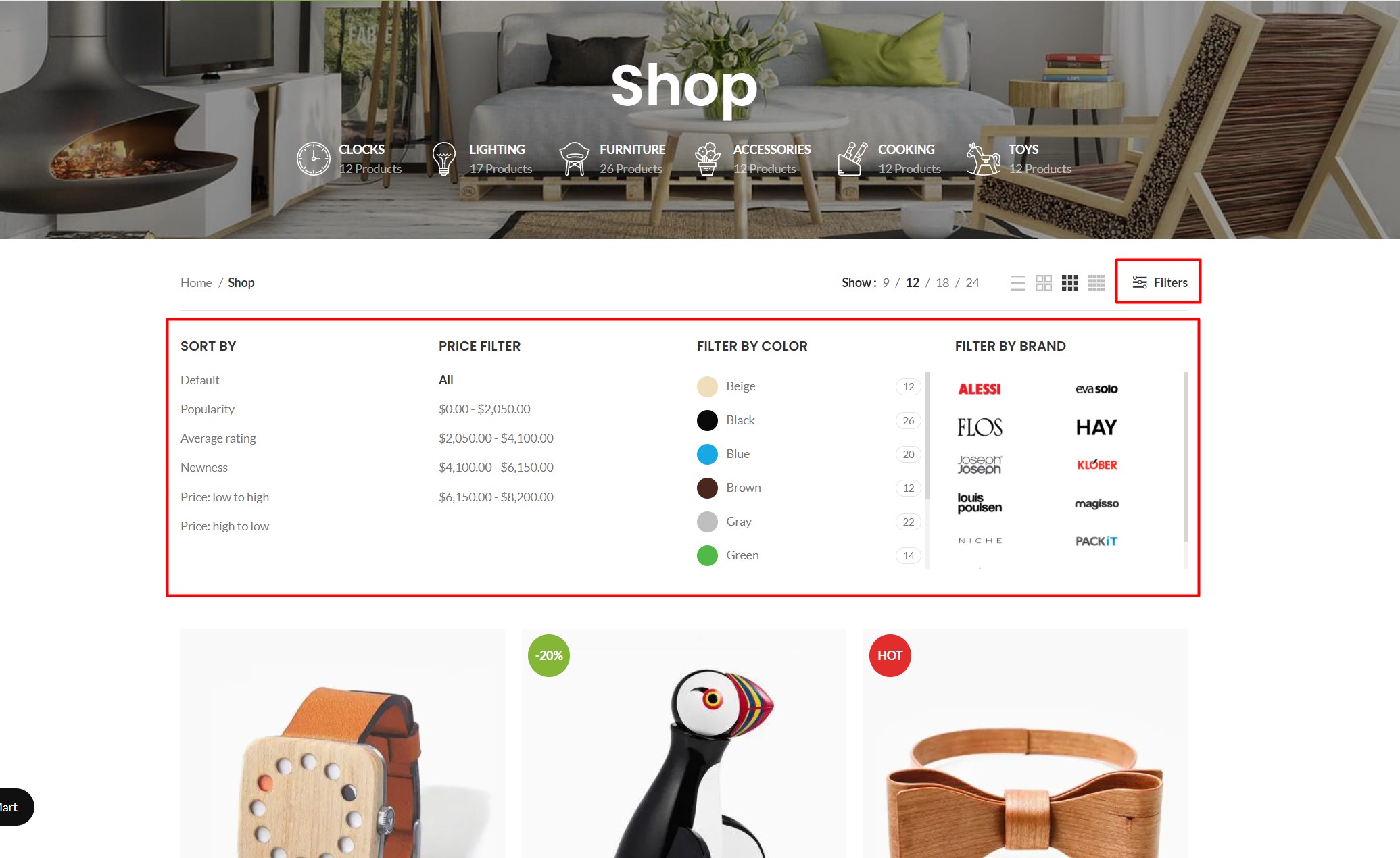 WoodMart can also display filters in a collapsible area above the product grid.