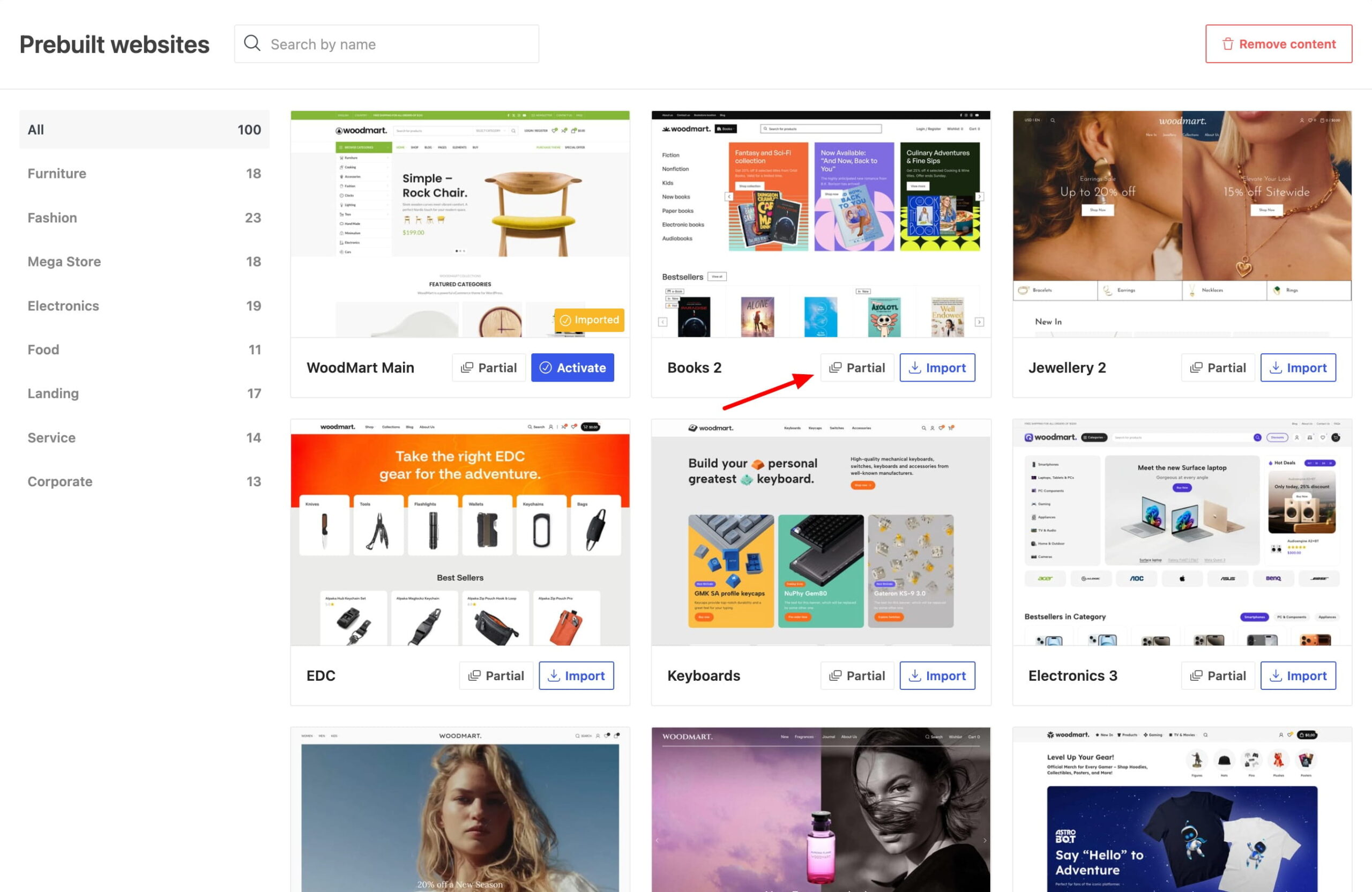 Prebuilt websites selection page showing website templates, with a red arrow pointing to the Partial button for Books 2