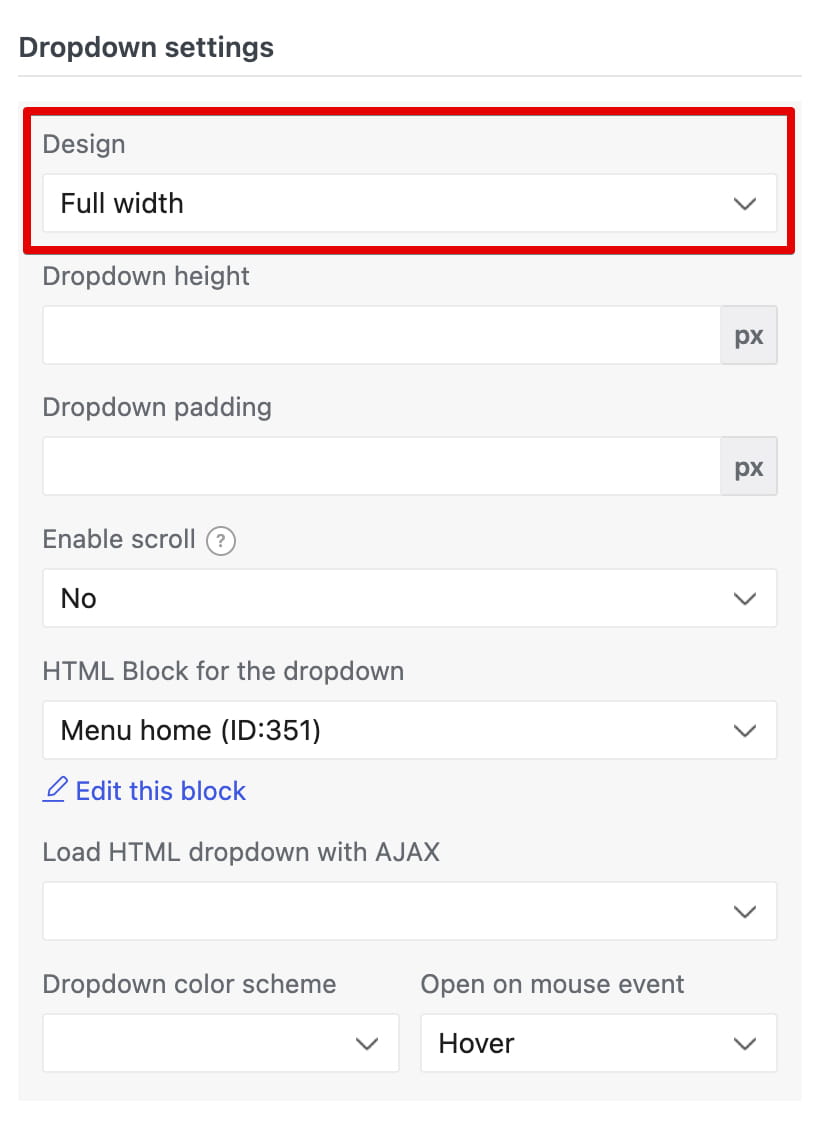 WoodMart mega-menu Design settings