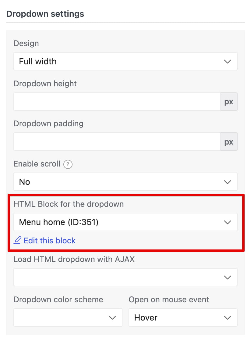 WoodMart HTML Block dropdown settings