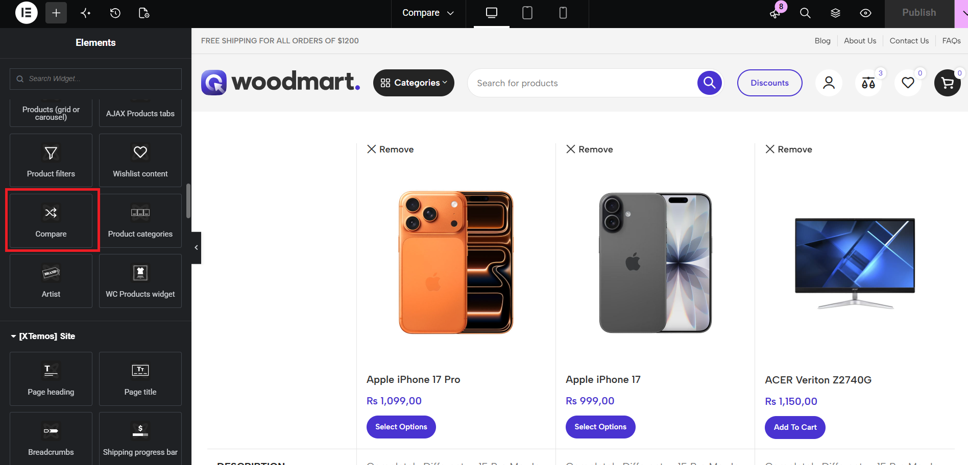 WoodMart Compare widget for creating a WooCommerce comparison page