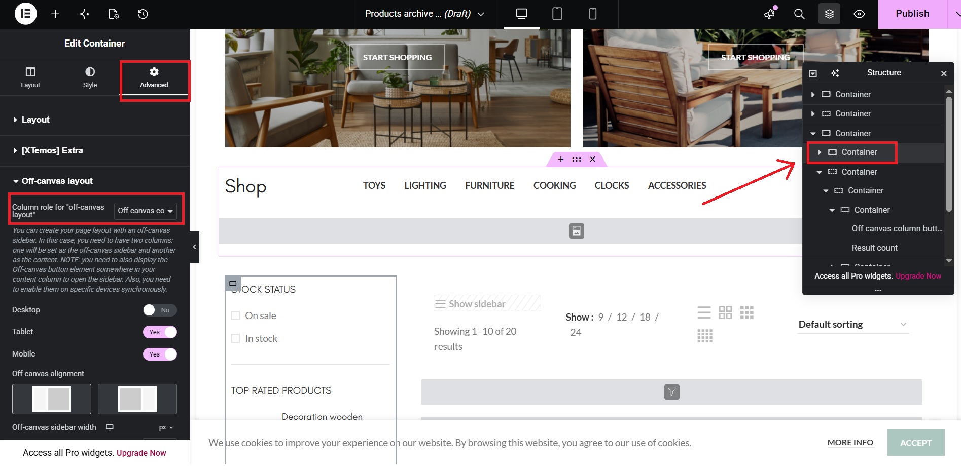 Create separate filter and product areas in the WoodMart Product Archive Builder.