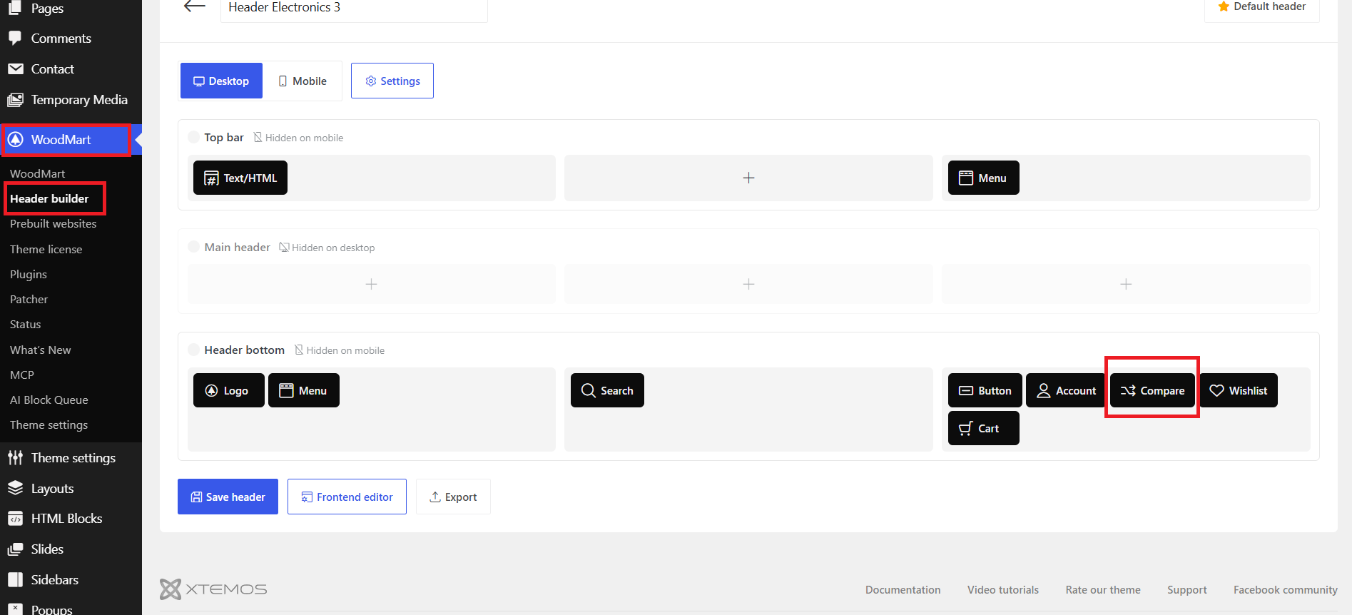 WoodMart Header Builder Compare element for WooCommerce
