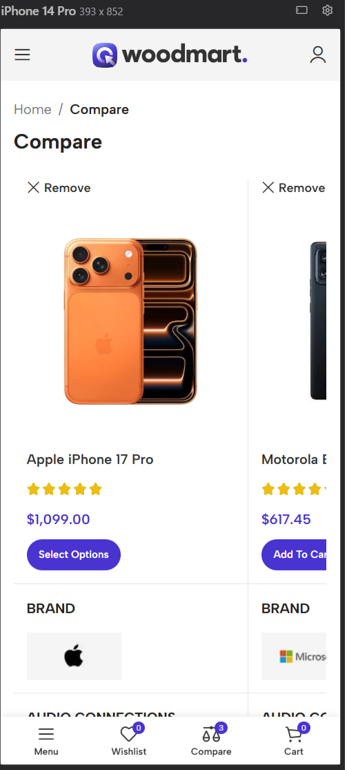 WooCommerce product comparison table on mobile