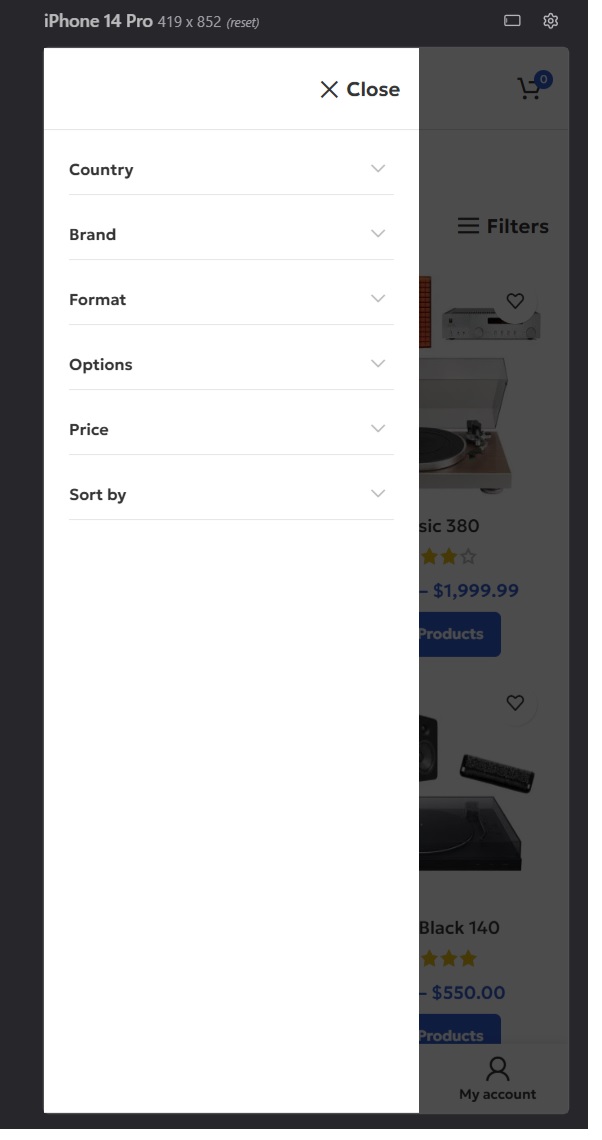 Test the off-canvas filter experience across desktop, tablet, and mobile layouts.