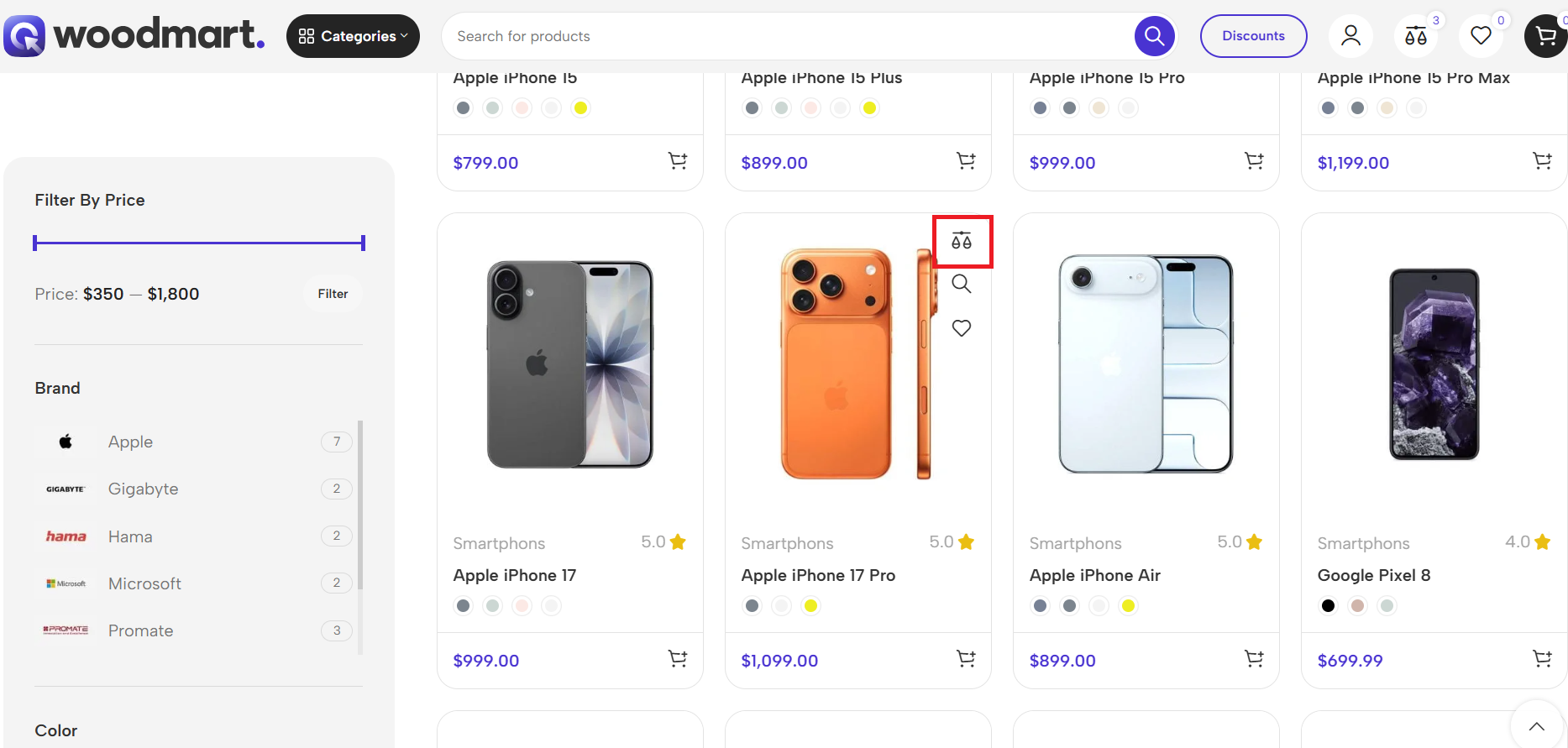 WooCommerce product grid with WoodMart compare buttons