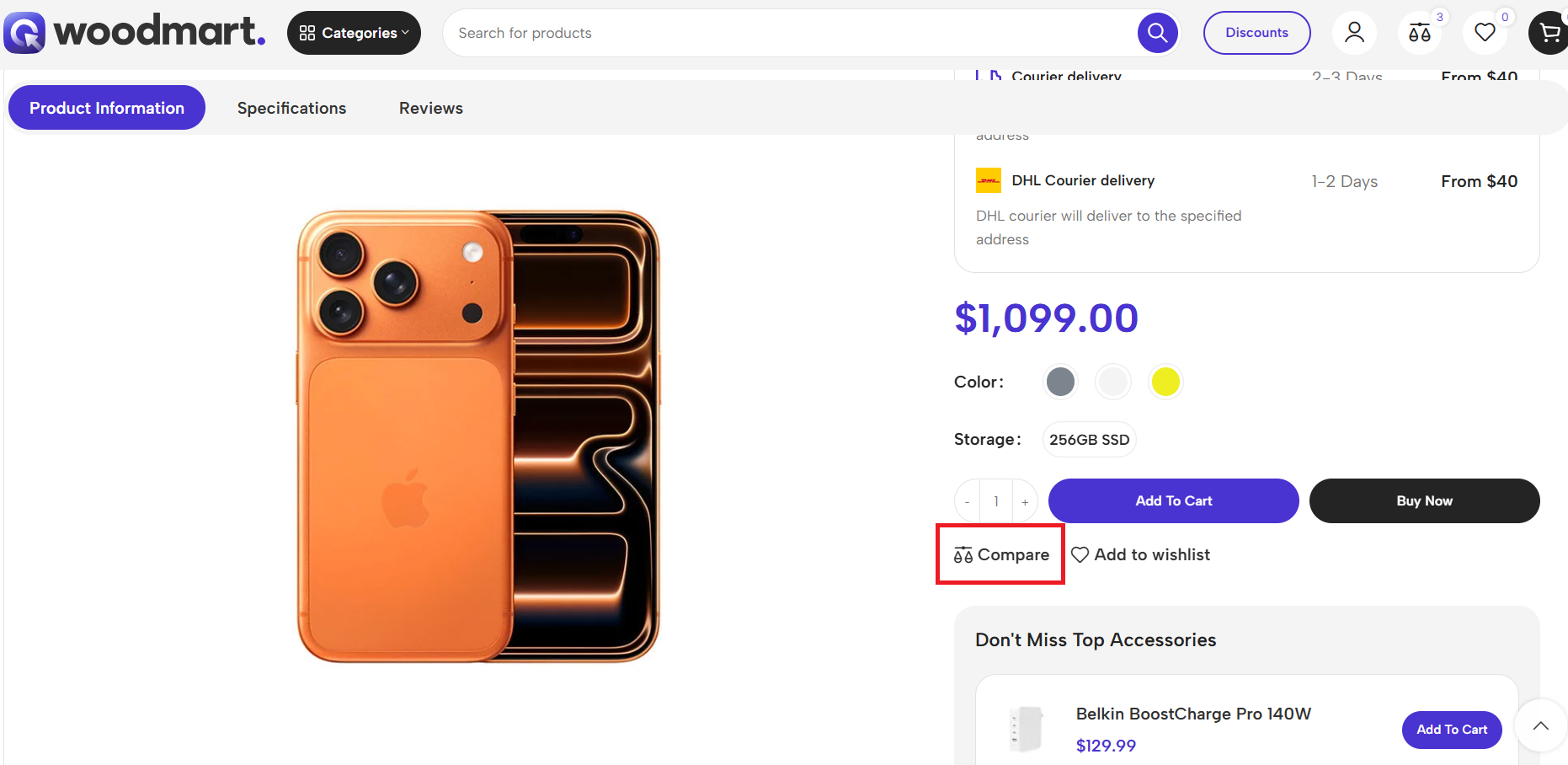WoodMart single product page with Add to compare button