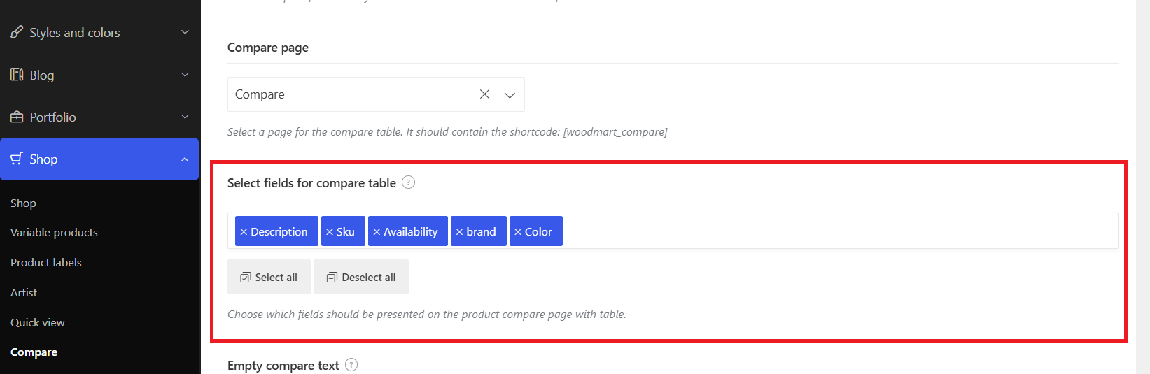 WoodMart settings for selecting WooCommerce product comparison fields