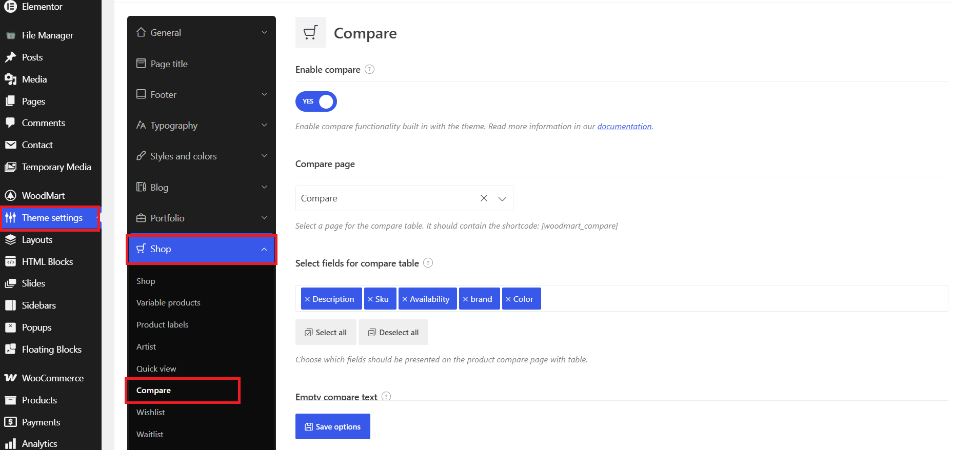 WoodMart product comparison settings with Enable compare option