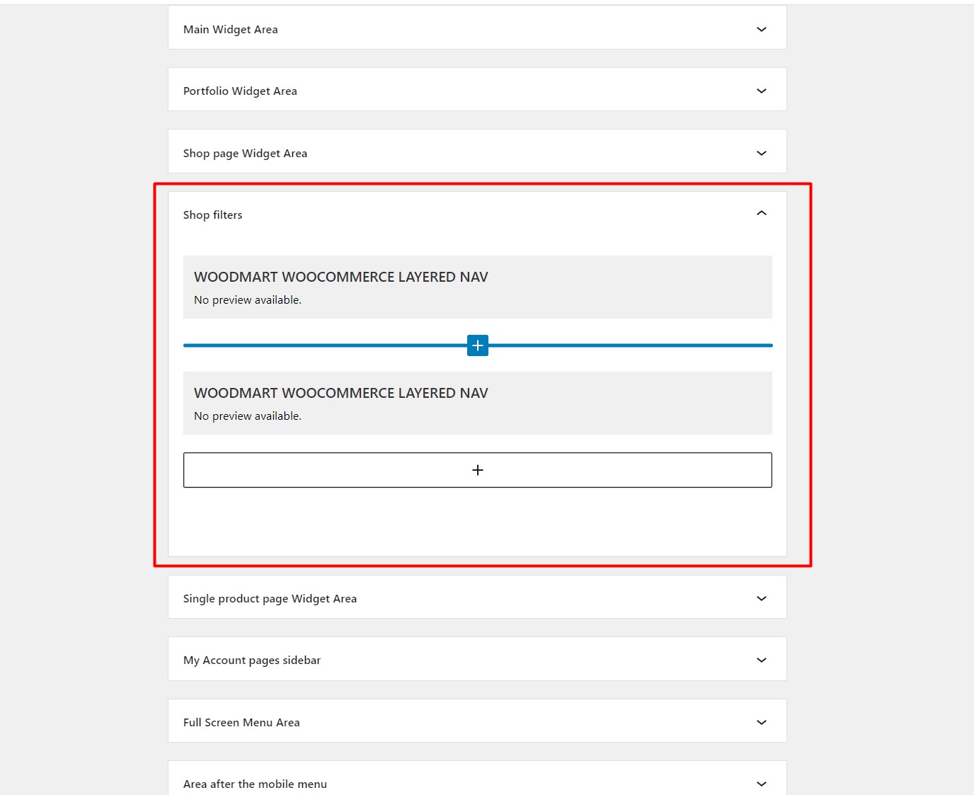 Add the required product filter widgets to the WoodMart shop widget area.