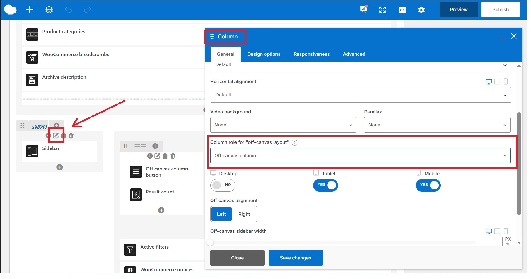 Assign the appropriate column roles to create the off-canvas archive layout.