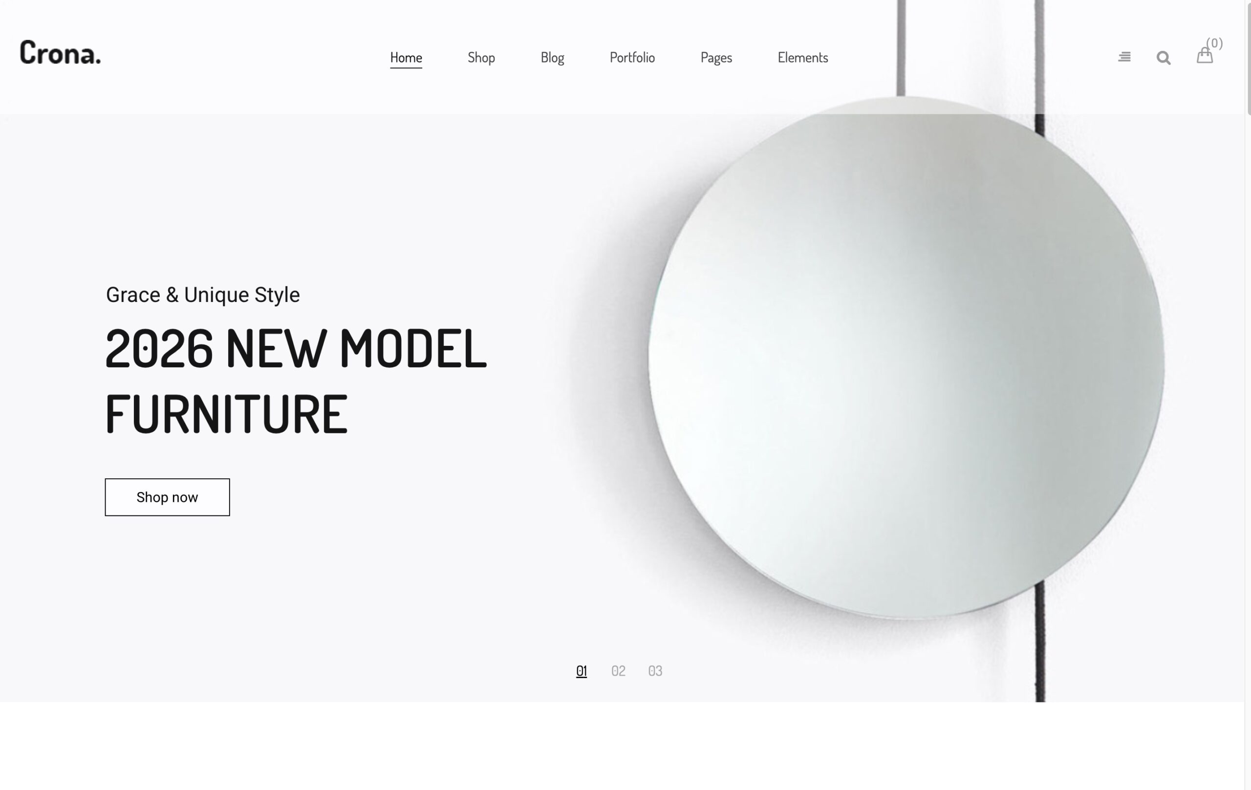 Crona furniture WooCommerce theme demo with a minimal mirror hero