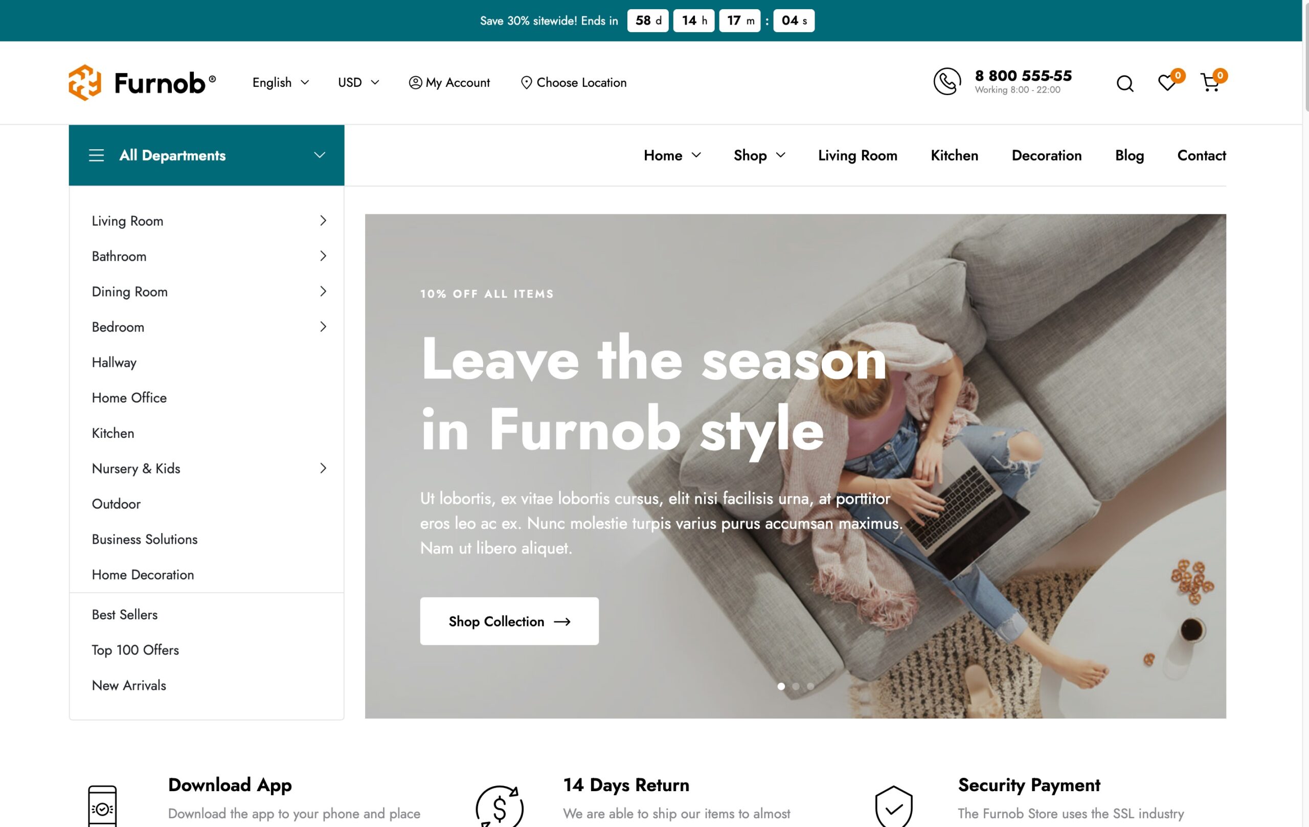 Furnob furniture WooCommerce theme demo with an all-departments menu