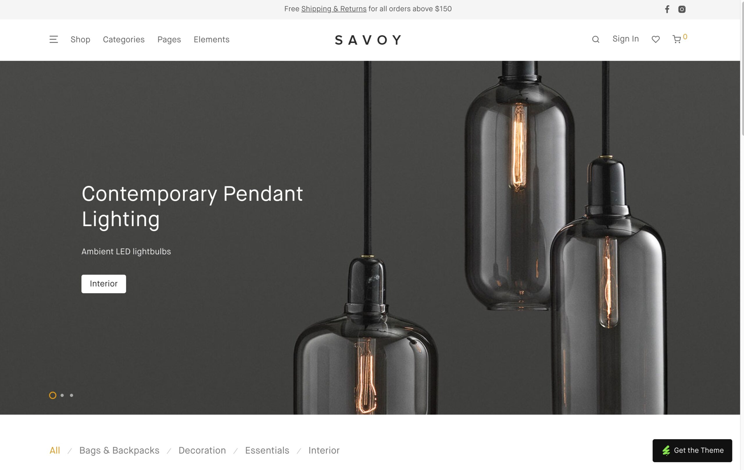 Savoy WooCommerce theme demo with pendant lighting