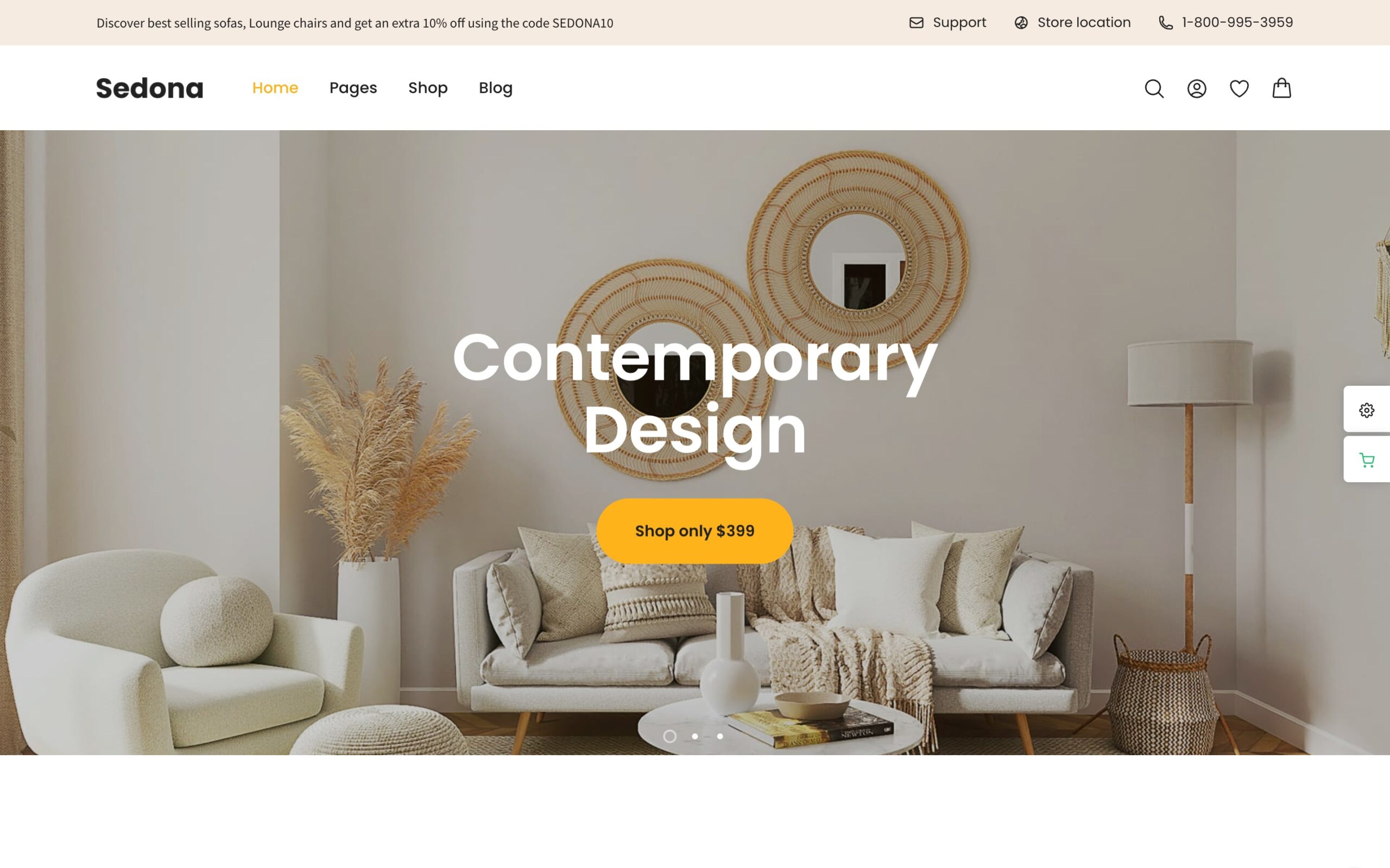 Sedona Shop furniture WooCommerce theme demo with a living room hero
