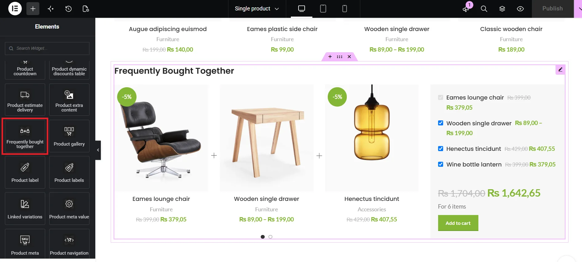 Frequently bought together element in a custom single product layout in Elementor