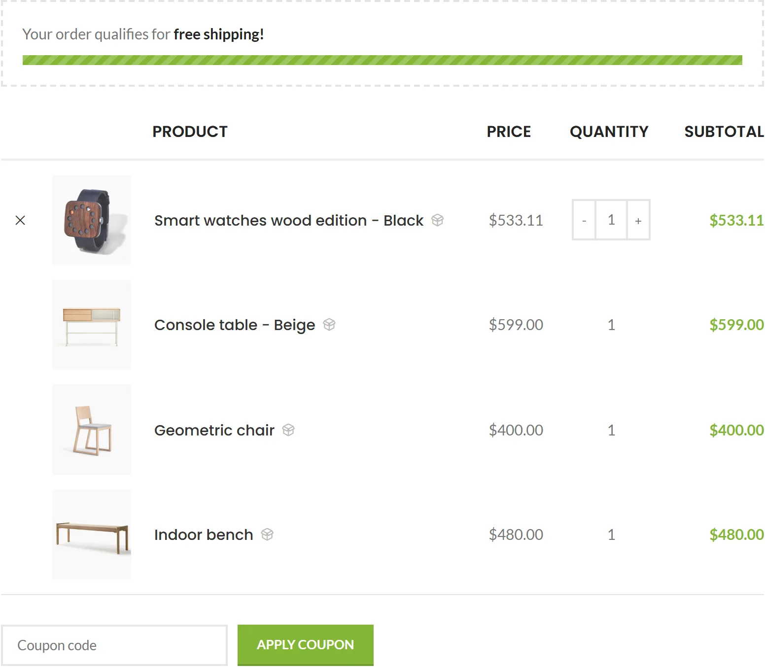 WooCommerce cart with the bundle items and their discounts