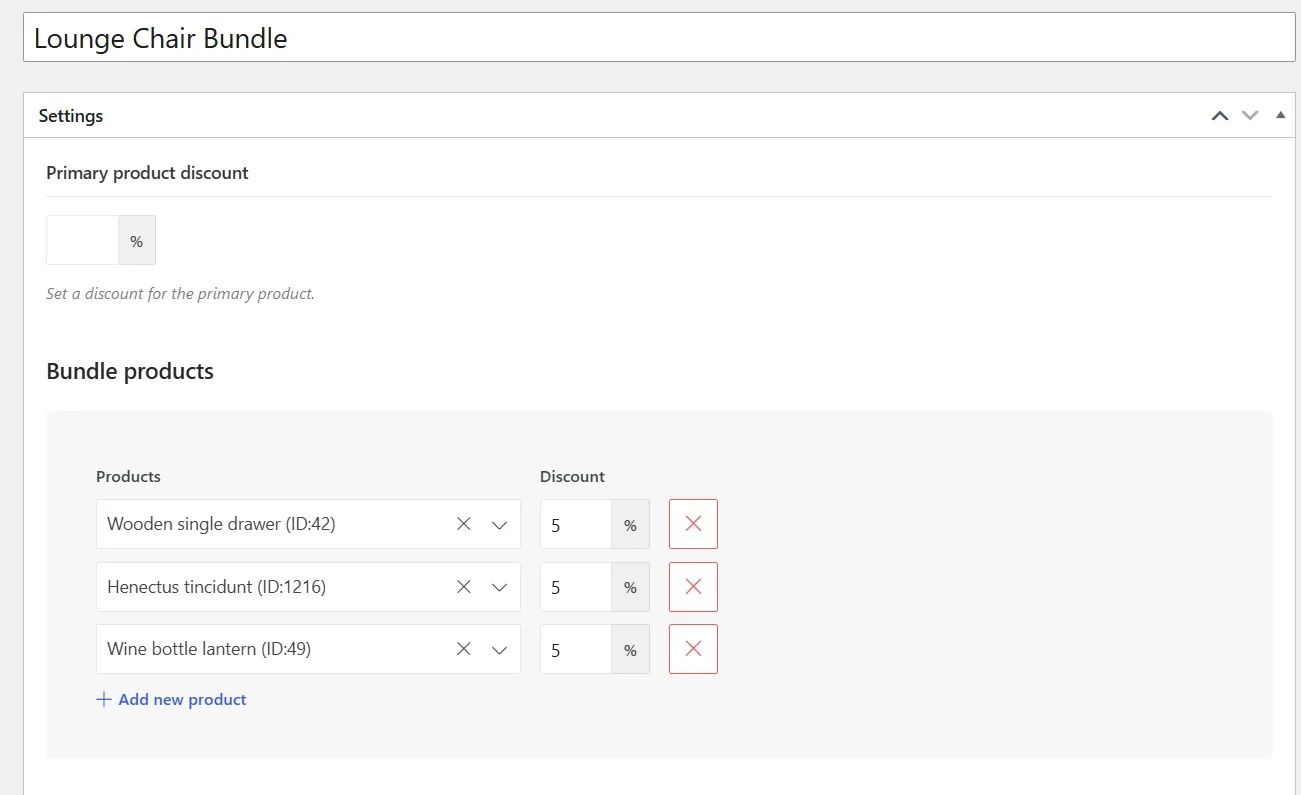 Bundle editor with bundle products and discount fields in WoodMart