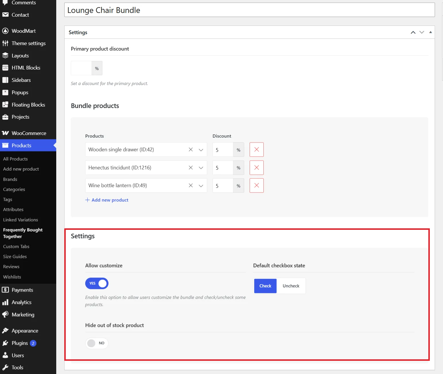Allow customize, default checkbox state and hide out of stock options of a bundle