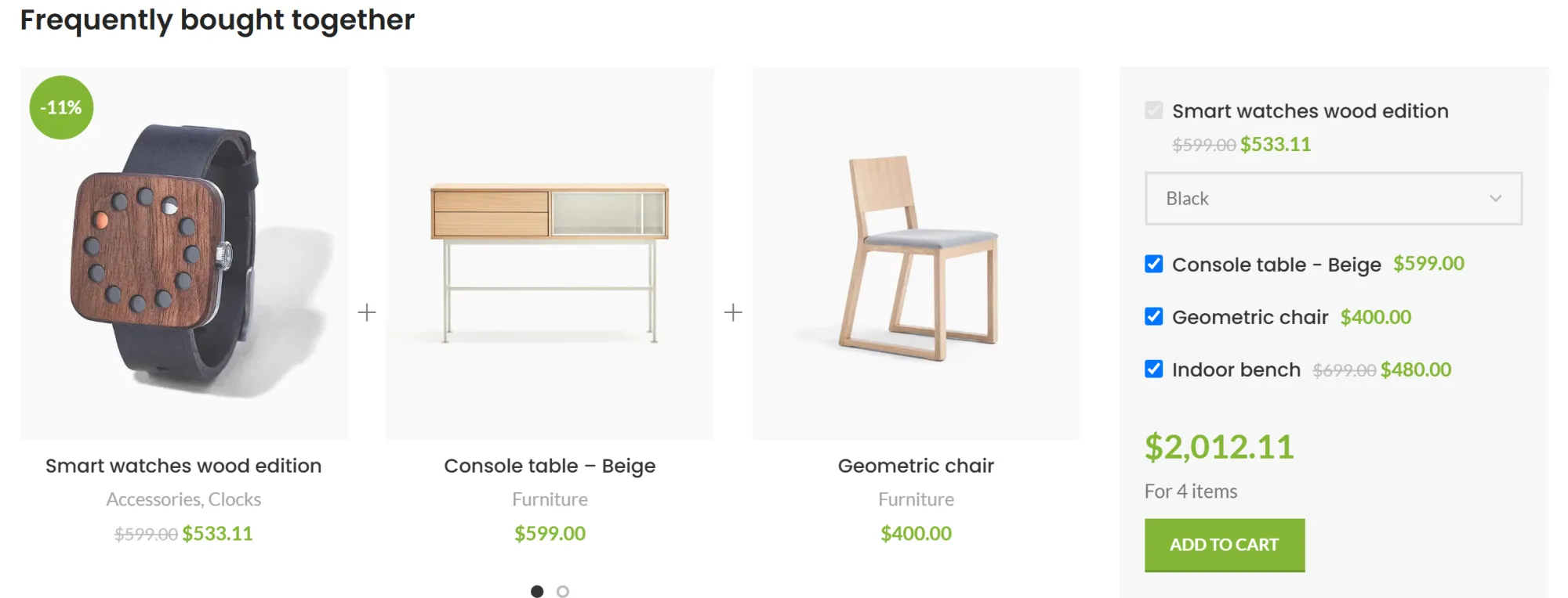 Frequently Bought Together section with a laptop and two accessories on a WoodMart product page