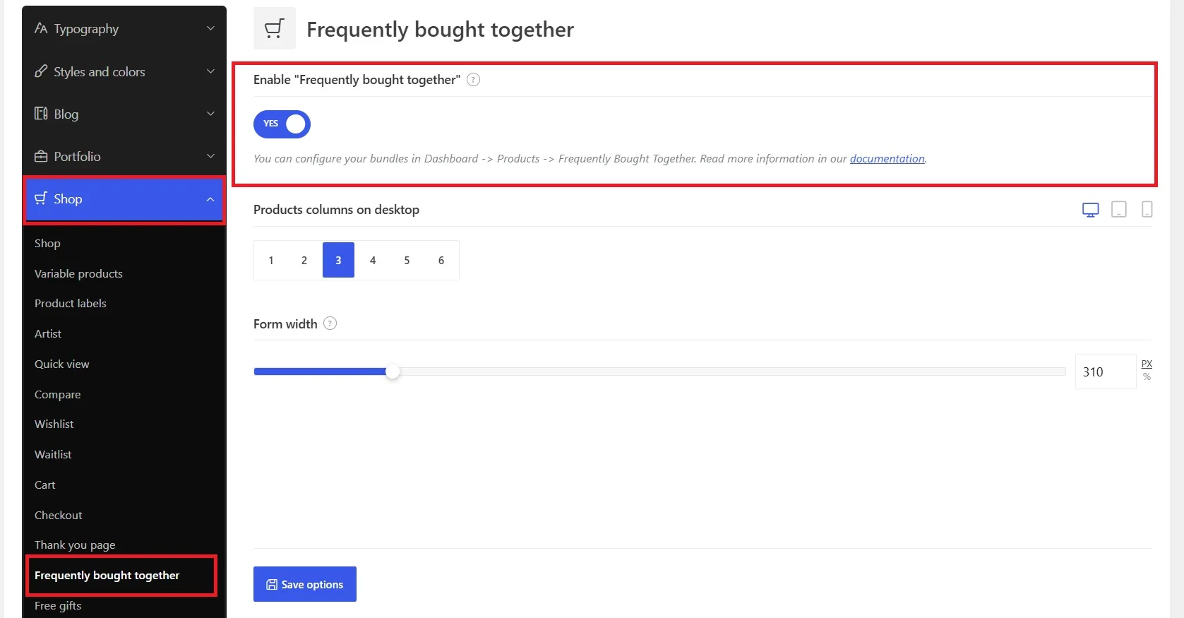 Frequently bought together page in WoodMart Theme Settings with the feature enabled