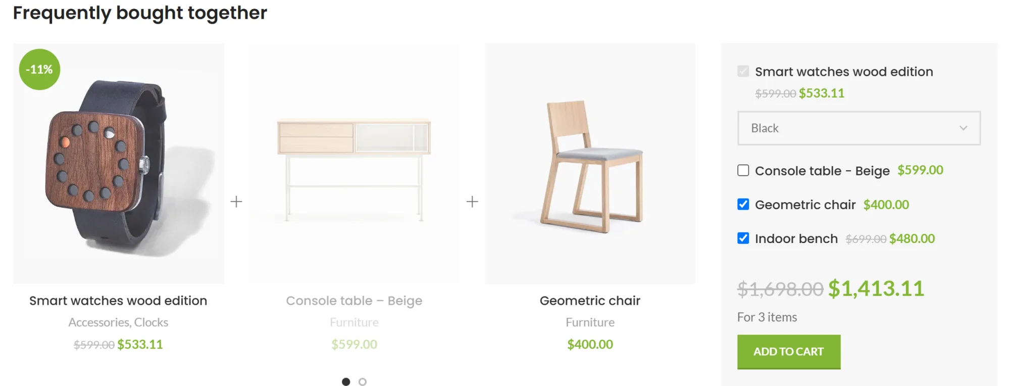 Frequently Bought Together form with one accessory unticked and an updated total