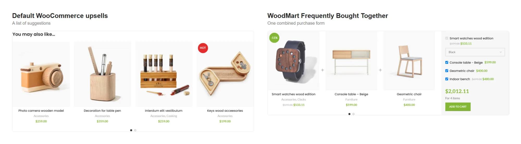 Default WooCommerce upsells next to the WoodMart Frequently Bought Together form