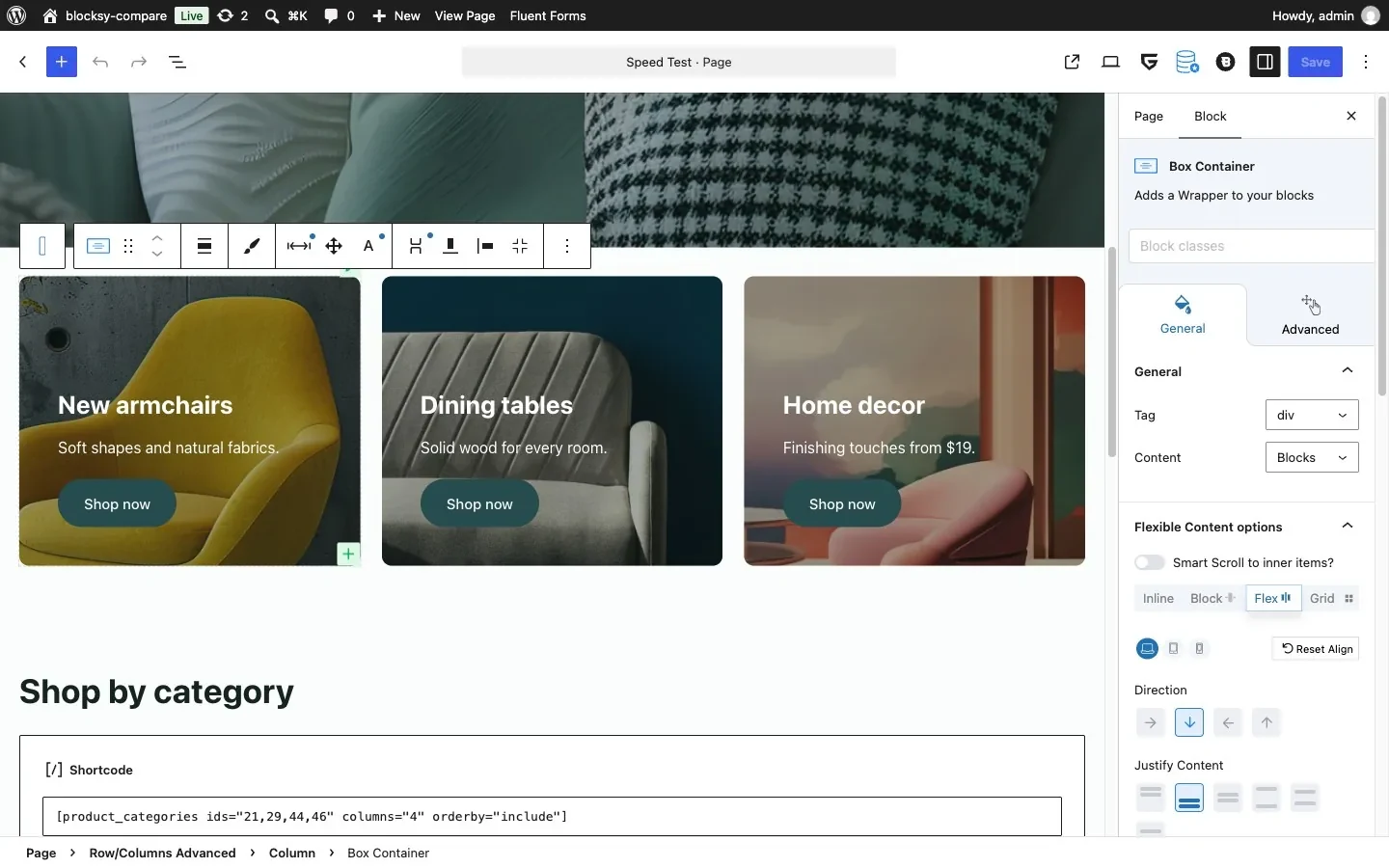 Test page built with GreenShift blocks and WooCommerce shortcodes on Blocksy