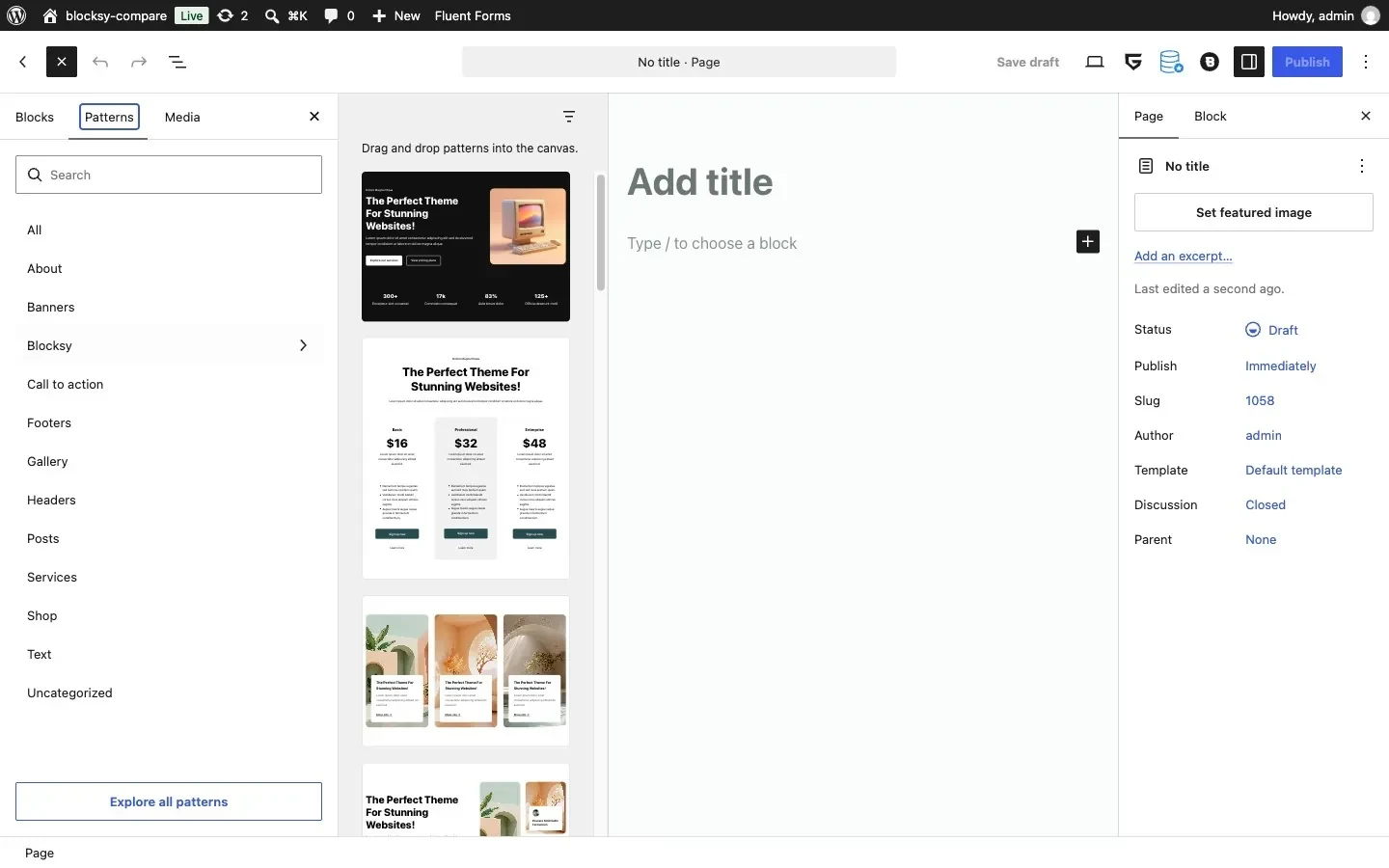 Blocksy block patterns in the Gutenberg inserter
