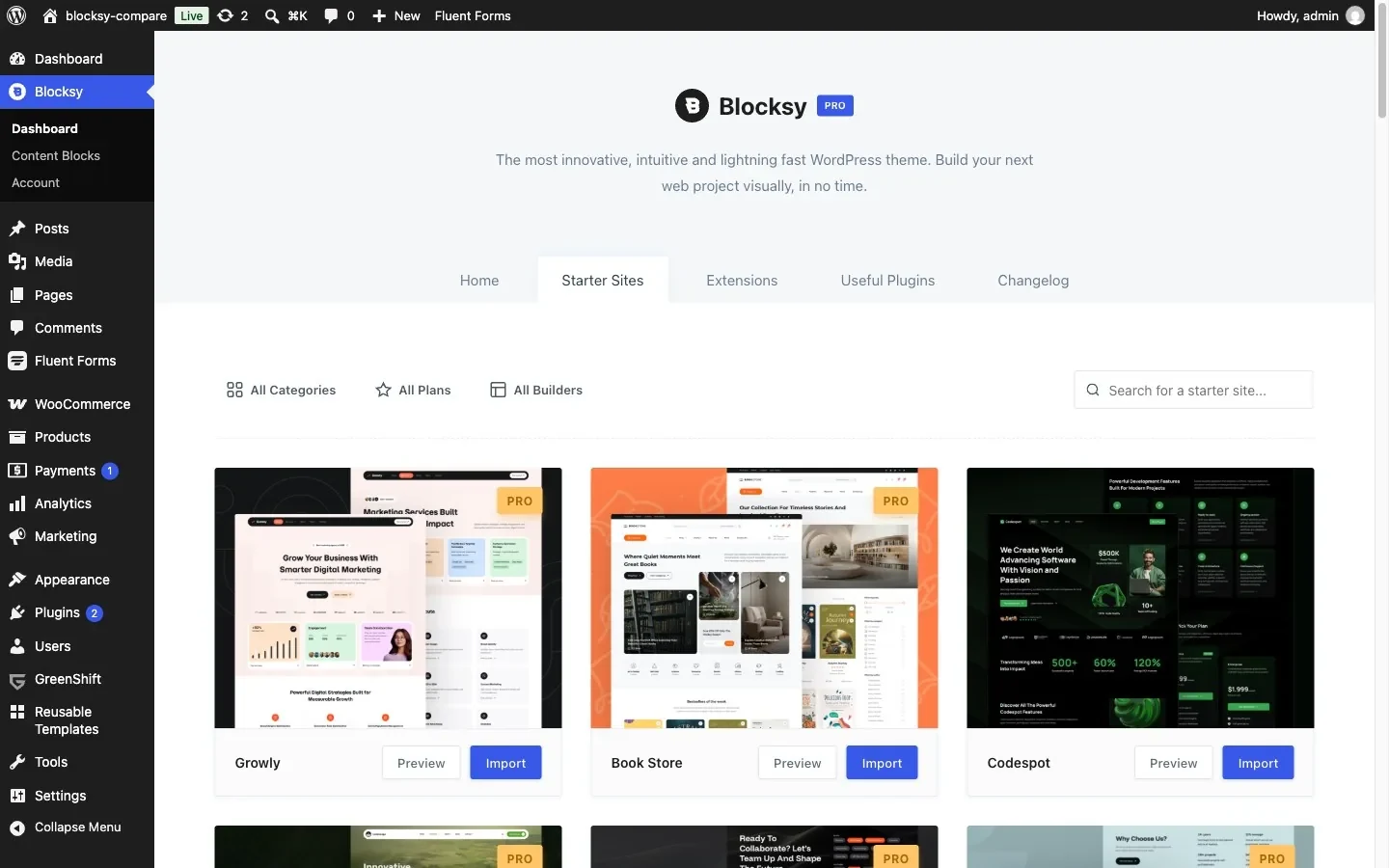 Blocksy Starter Sites in the Blocksy dashboard