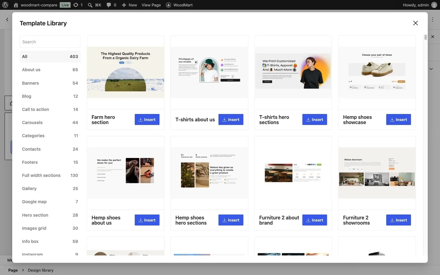 WoodMart Template Library in the page editor
