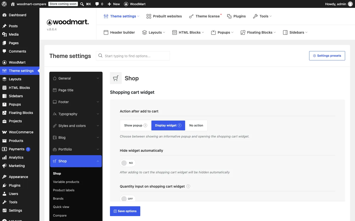 WoodMart Theme Settings, Shop section